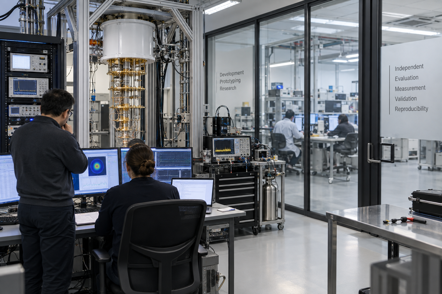 Generic independent evaluation laboratory with engineers, quantum-computing hardware, and measurement instruments.