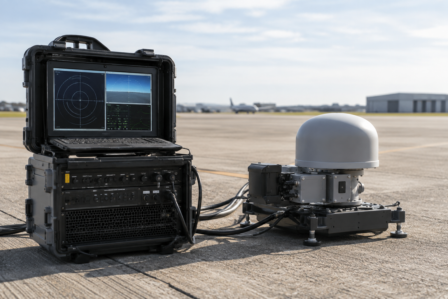 Generic aircraft navigation test equipment and a rugged sensor package on an airfield apron.